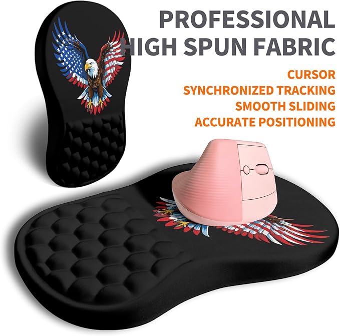 Ergonomic Joint Wrist Support Mouse Pad with Memory Foam Cushion Massage Bump, Carpal Tunnel Pain Relief Mousepad Slope Design for Wrist Rest, 11.8x7.9 in, Eagle Flag