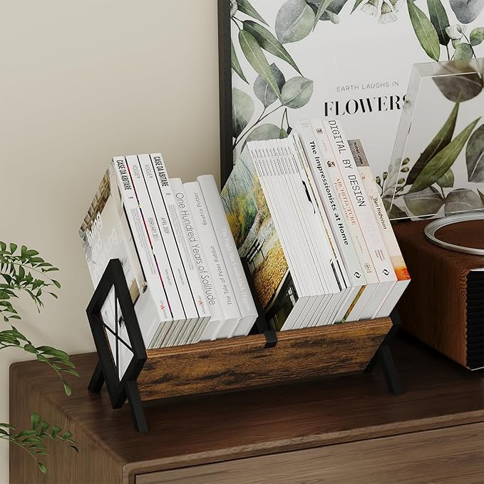 YINMIT Wood Desktop Bookshelf, Retro Tabletop Bookshelf, Desk Shelf for Top of Desk in Living Room, Home, Office, Tilting Bookcase for CDs, Magazine, Books, Home Decor