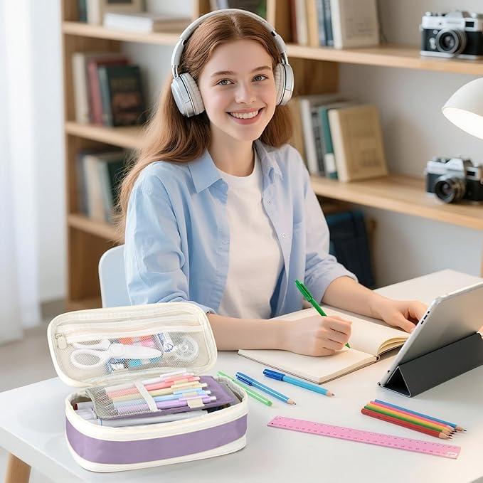 Large Capacity Pencil Case with Zipper, Aesthetic Pencil Pouch, Portable Stationery Organizer Bag for Teen and Adults, Big Pencil Bag for College, Office, Travel - Purple