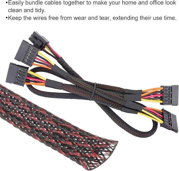 25ft PET Expandable Wire Loom 1 Inch, PET Braided Wire Sleeving Cable Management Sleeve Tubing [for Audio Video Home Office Cord Protector]-Black, Red