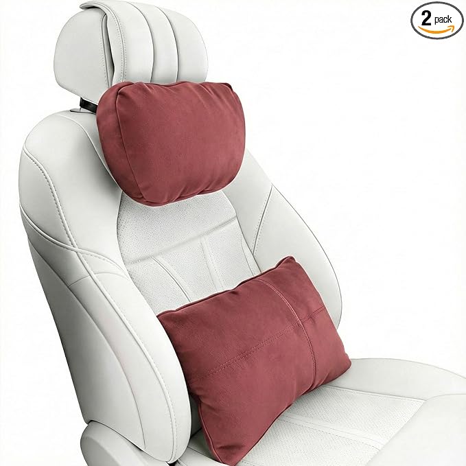 2PCS Car Pillow for Car Neck Pillow for Driving Seat Lumbar Support Soft Cushion with Extra Filling Accessories Back Support for Travel Nap and Trips Sleeping(Red, Head and Lumbar)