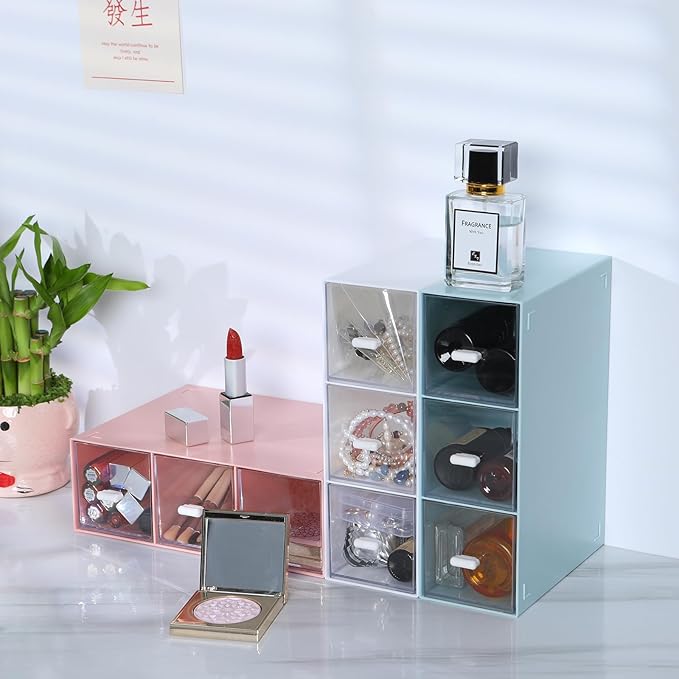 Desktop Drawers, Desk Organizer with 9 Drawers, Stackable Plastic Storage Box for Home Collection, Cosmetics, Office Supplies (3 Tall Layers, Mixed Colors)