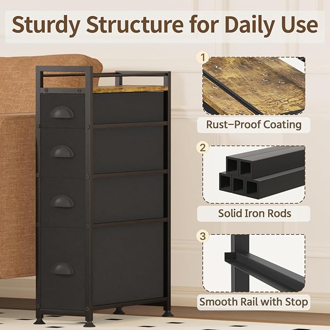 LASZOLA 4 Drawer Narrow Dresser Slim Cabinet Skinny Storage Tower Chest, Ideal for Small Spaces Bathroom Bedroom, Between Washer and Dryer, Lightweight Mobile on Wheels, Sturdy Fabric Drawers, Black