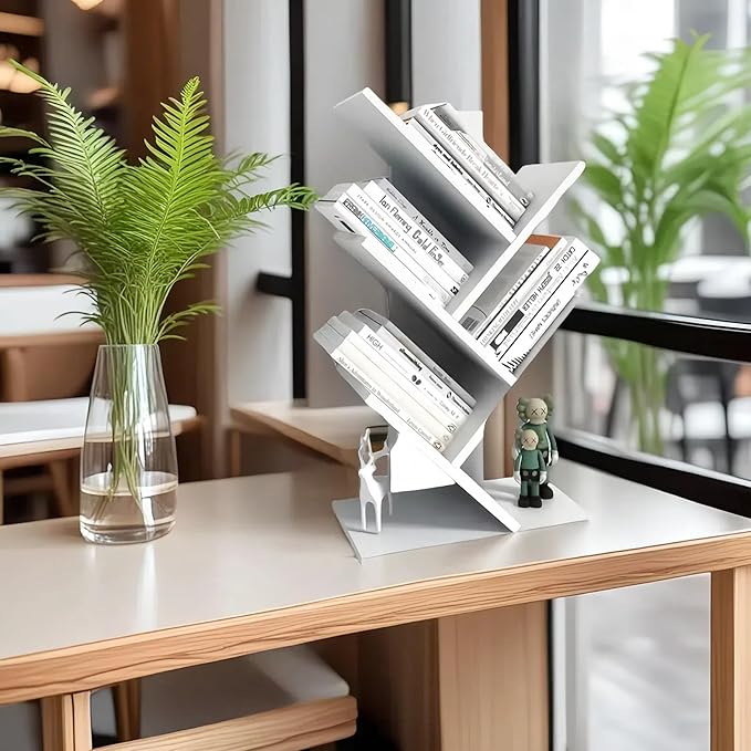 Godferyxin Desk Bookshelf,Small Book Shelf for Desktop,White Floor Standing Bookcase, Wood Book Organizer for Desk,Mini Bookcases Office Home School Shelf Display for Cd/Magazine-White