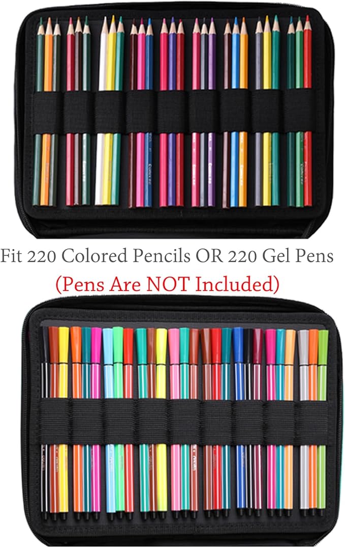BOMKEE Coloring Pencil Case 220 Slots Pencils/Gel Pens Organizer Waterproof Travel Case Zipper Carrying Portable Pencil Markers Pen Holder Bag for Painter Writers