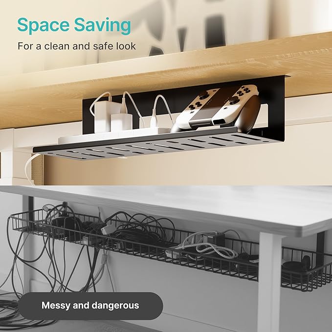 Under Desk Cable Management Tray, 15.7 Inches Metal Cord Organizer Rack, Desk Tray for Power Strip, Cord, Wire, Easy Mounting Cable Management Under Table for Home Office, Black