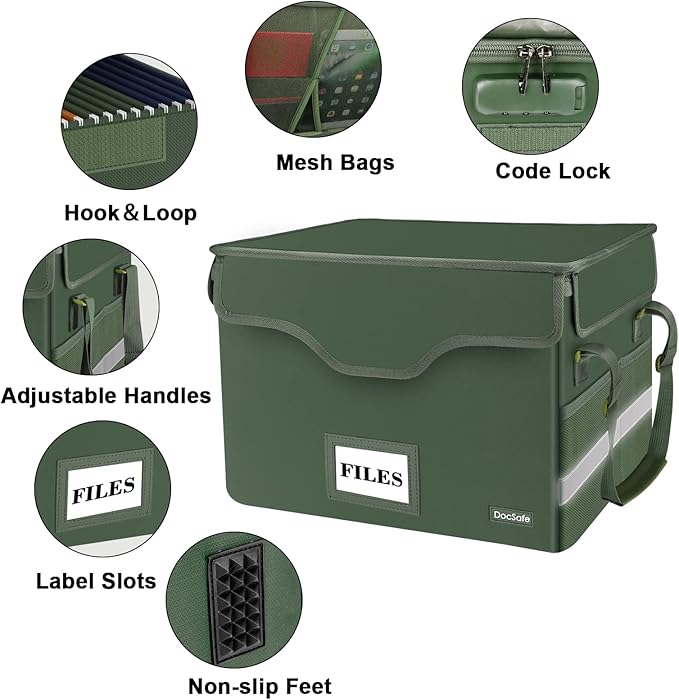 DocSafe Fireproof Document Box with Lock,File Storage Organizer with Pockets,Collapsible Portable File Box Home Office Safe Filing Cabinet with Handle for Hanging Letter/Legal Folders,Green,2 Pack