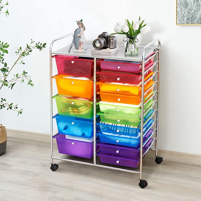 ARLIME 15-Drawer Storage Cart, 15 Drawer Trolley, Rolling Organizer Cart, Scrapbook Paper Organizer, Suitable for Office and School, Rainbow Rolling Office Storage Tools