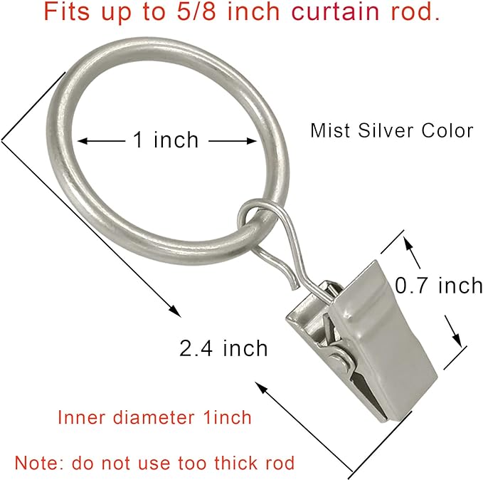 LLPJS 100 Pack Curtain Rings with Clips, Curtain Clip Rings Hooks, Bow Hanger Clips for Hanging Drapery Drapes Bows, Ring 1 inch Interior Diameter, Fits up to 5/8" Rod, Matte Silver
