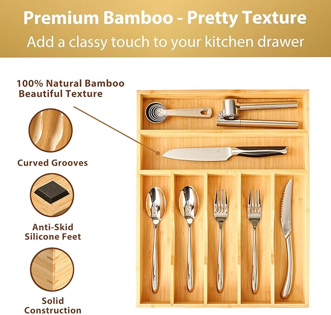 Umilife Bamboo Kitchen Drawer Organizer, 13 Inch Silverware Utensil Tray Holder, Extra Deep Grooved Drawer Divider, 7 Slots Total Bamboo Wood Caddy for Flatware Cutlery Knives, Forks, Spoons