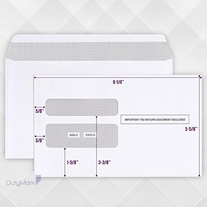 50 W2 Envelopes, Double Window Security Envelope For W2 2-Up Tax Forms, Designed for Printed W2 Laser Forms, For QuickBooks Desktop and Other Tax Software, 5 5/8’’ x 9’’, 50 Envelopes Gum Seal