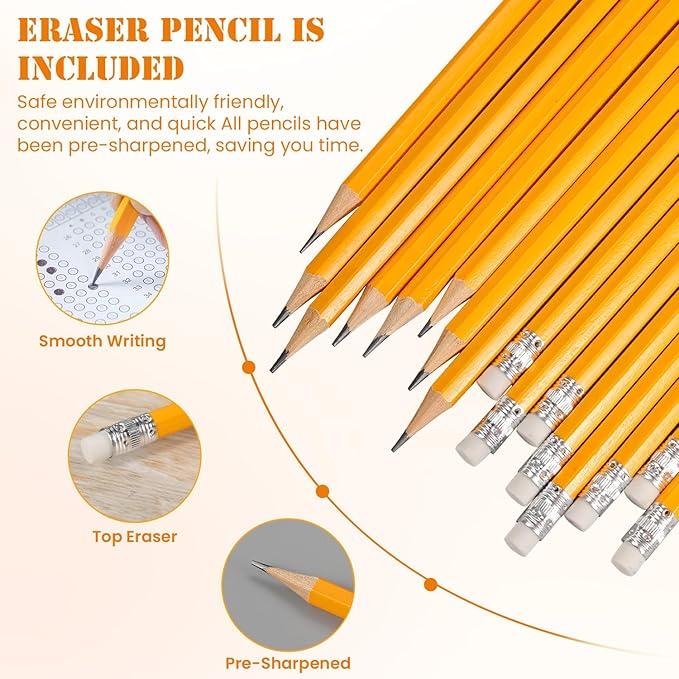 LINSIRON Pencils Pre-Sharpened #2 Pencil with Erasers, Yellow,7.5in 300 Pack