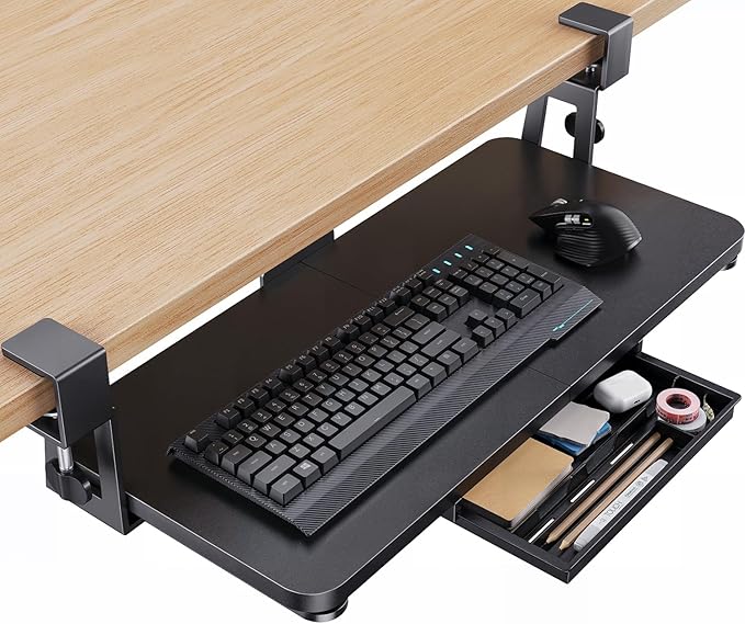 HUANUO Large Under Desk Keyboard Tray with Sturdy C-Clamp Mount, 26 (30.16" Including Clamps) x 12 inch Slide-Out Platform Computer Desk Heavy Duty Keyboard Tray with Storage Drawer for Typing, Black