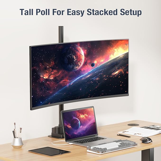 AVLT Single 40 Inch Monitor Arm Pole Top Mount With USB-C USB-A Ports-Black, Supports 26.4 lbs (12kg), Ultrawide screen fit, VESA Compatible, Tilt, Swivel, Rotate, Ergonomic adjustable height, Durable