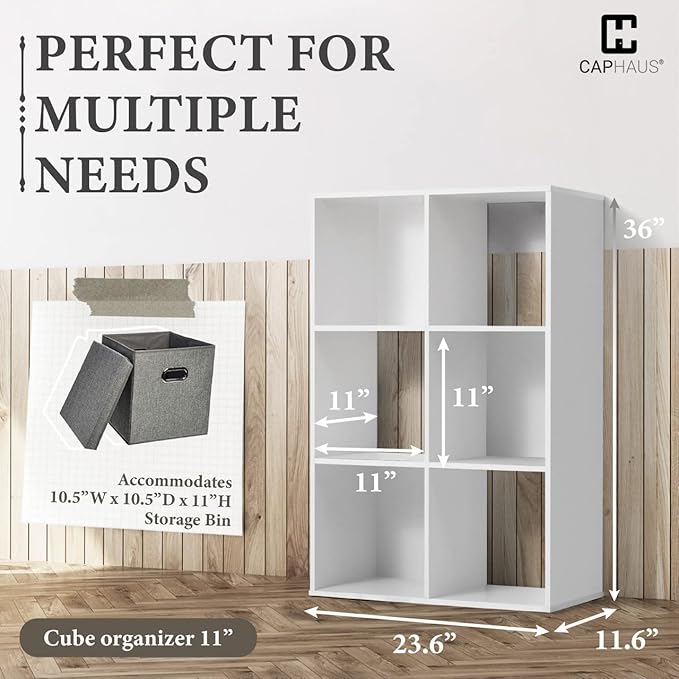 CAPHAUS Sturdy Room 11-Inch Cube Storage Organizer Shelf, with Thick Exterior Edge, Storage Shelf Divider w/Back, Bookcase, 6-Cube, White