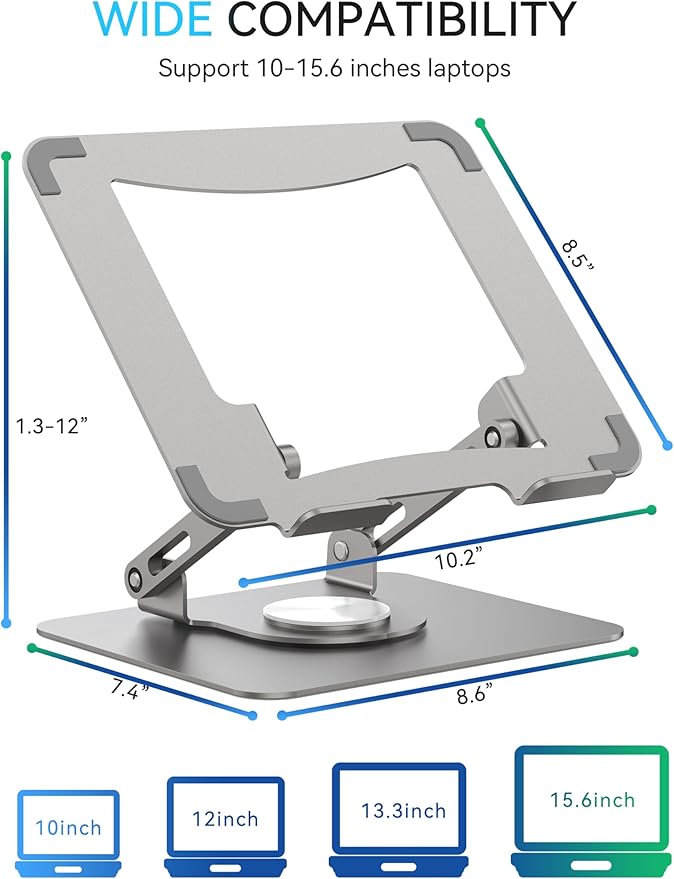 SOUNDANCE Laptop Stand with 360° Rotating Base, Ergonomic Computer Riser for Desk, Adjutable Height Muti-Angle, Foldable Laptop Mount, Stable Metal Holder Support 10-15.6" Notebook PC, Silver Grey