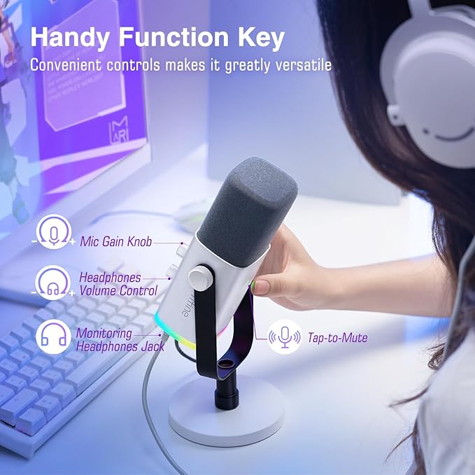FIFINE XLR/USB Gaming Microphone for Streaming Podcasting, PC Computer RGB Mic, with Gain Knob, Mute Button, Monitoring Jack, Gamer Mic for Recording Video Creation-AmpliGame AM8 White