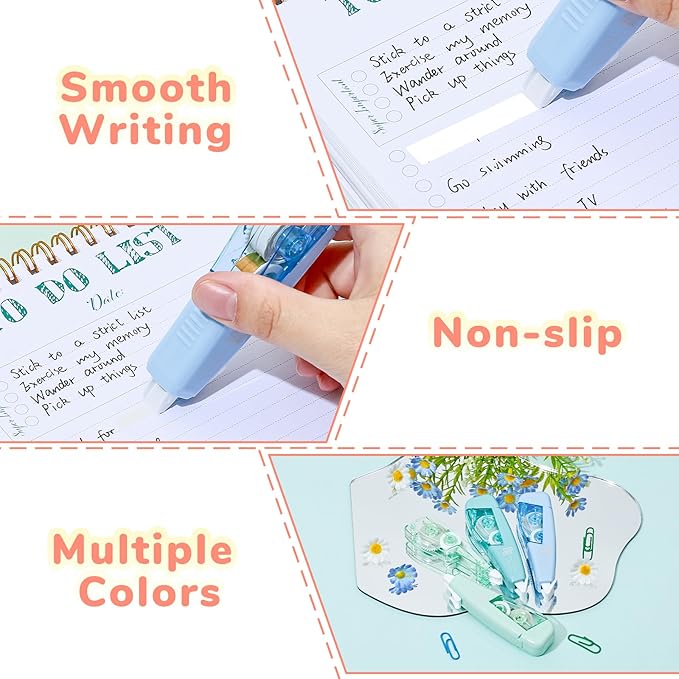 Temiary 3 Pcs Correction Tapes with 3 Pcs Extra Refills, Aesthetic White Pull Out Tape, Easy Grip & Carry, Works with Multiple Pens, Smooth for School & Office Workers (Light Green/Green/Blue)