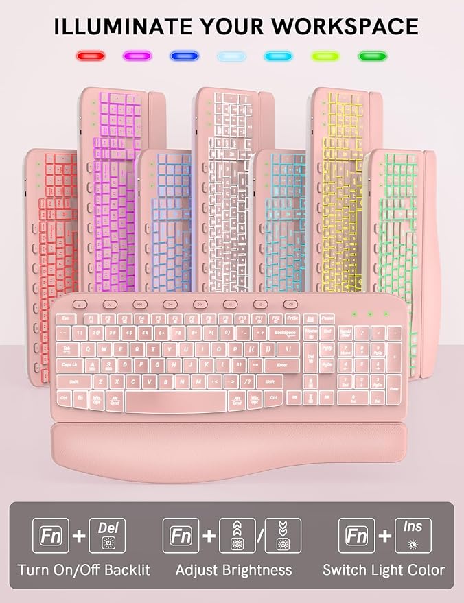 SABLUTE Ergonomic Wireless Keyboard and Mouse Combo - Wave Keyboard with Soft Leather Wrist Rest, Resistant Keys, RGB Backlit Rechargeable Set for PC/Mac/Chromebook (Black) (Pink)