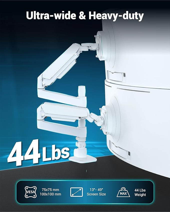 Dual Monitor Arm for 13-49 Inch Ultrawide Screens, Heavy Duty Monitor Mount for 2 Monitors up to 44lbs, Full Motion Vertical Stacked Dual Monitor Arm Desk Mount, 75/100mm VESA Mount, White