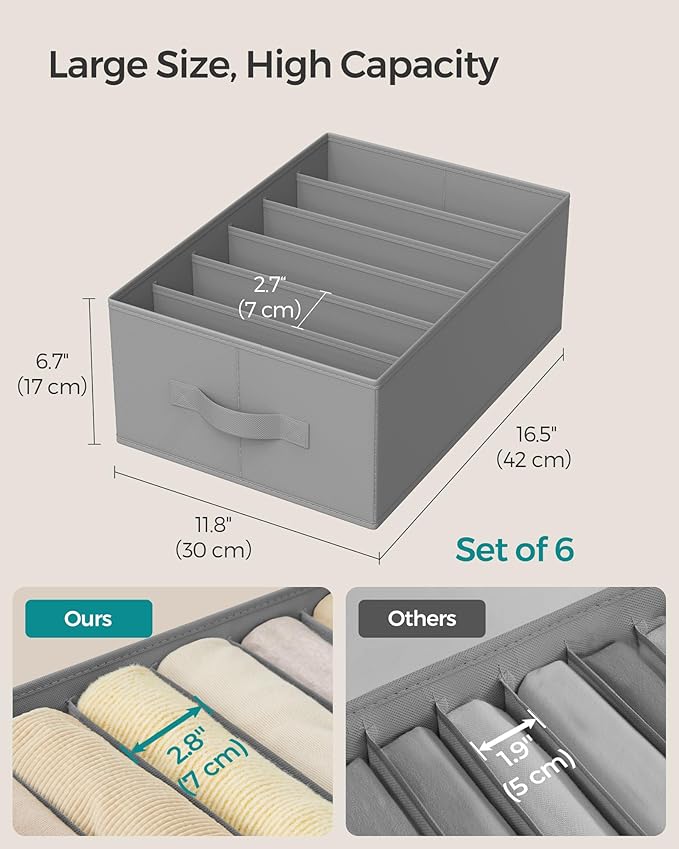 SONGMICS Set of 6 Large Size Wardrobe Clothes Organizers, 6-Compartment Foldable Drawer Organizers with Handles, 16.5 x 11.8 x 6.7 Inches, for Pants, Sweaters, Jeans, Dove Gray URUS009G03