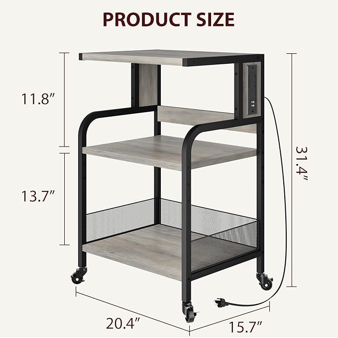 GarveeLife Printer Stand with Power Outlets, 3-Tier Rolling Printer Table with Lockable Wheels, Heavy Duty Printer Cart with Adjustable Shelves, Utility Storage Cart for Home, Office, Gray