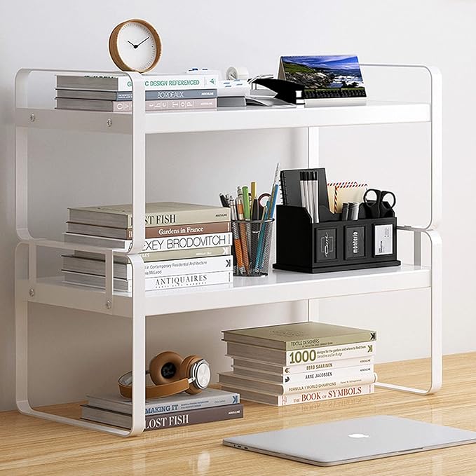 YGYQZ Wood Office Desk Shelf Organizer - Desktop Supplies Cute Dresser Top Organization Storage Rack and Cubicle Decor Aesthetic Bookshelf for Women Man and Kids (White White-Two Tier)