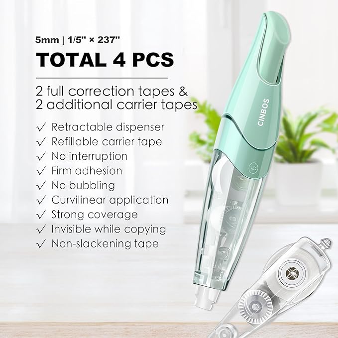 CINBOS Refillable Retractable Correction Tape with 2 Extra Refills, White Smooth Pull Out Cute Correction Tape for Office Supplies, 4 PCS (CS-25)