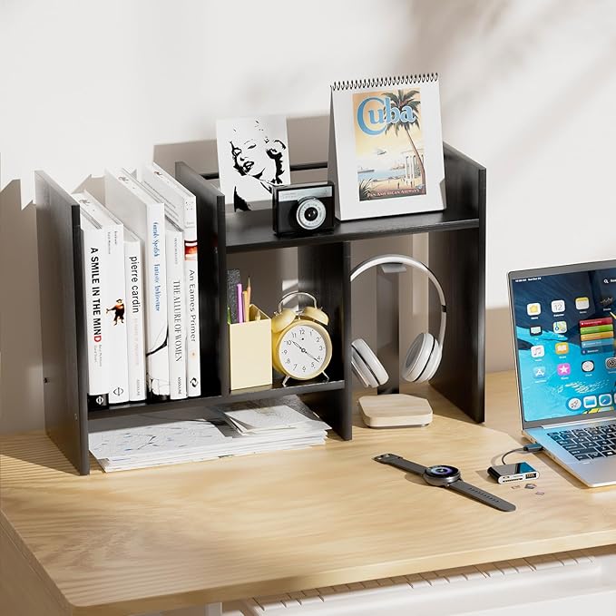 Desktop Organizer Shelf, Adjustable Wooden Double-Tier H-Shape Mini Bookcase, Multi-Use Office Storage Rack for Desk Top/Corner, Table Top Shelving & Office Organization Accessories (Black)