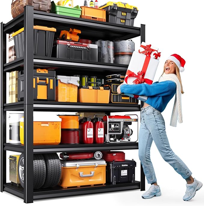 71" H-46 W Garage Shelving, 5-Tier Heavy Duty Storage Shelves, Adjustable Metal Shelving Unit, Utility Garage Organizer Shelf for Basement, Pantry, Warehouse, 20" D x 46" W x 71.2" H, Black