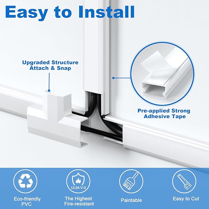 ZhiYo Cord Hider Wall Kit, 87in Cord Cover Wall Mounted TV, Wire Covers for Cords, Paintable Wire Hiders for TV On Wall, TV Cable Hider Wall Kit, Wall Cord Concealer, 6 x L14.5in W0.98 H0.5in, White