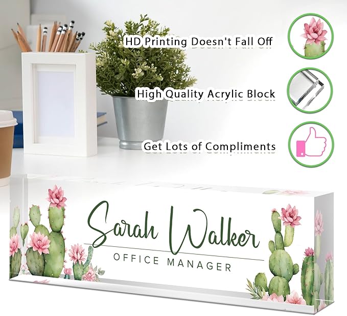 Custom Name Plate for Desk - Desk Name Plate Personalized - Office Desk Accessories - Employee Teacher Appreciation Gifts for Coworkers - Acrylic Cactus Office Desk Decor - Office Gifts for Women Men