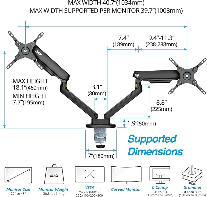 AVLT Dual 27”-43” RGB Gaming Monitor Arm Desk Mount Built-in 20 Lighting Modes Touch Button Control Fits Flat/Curved/Ultrawide Screen Height Swivel Tilt Rotation Adjustable Stand -Black