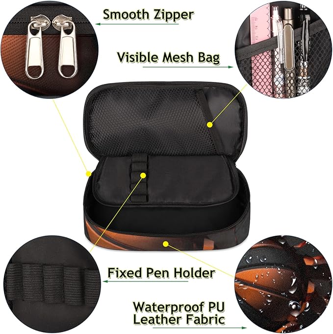Pardick PU Leather Pencil Case Basketball Pencil Organizer with Zipper, Pencil Box for Boys Girls, Office School