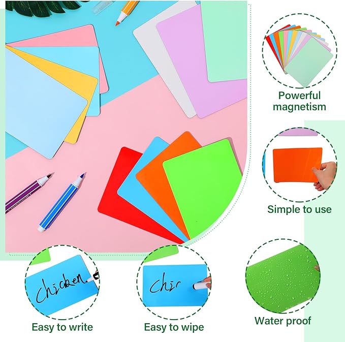 Ctosree 48 Pcs Dry Erase Magnetic Labels 4 x 6 Inch, Dry Erase Magnets Reusable Magnetic Magnets Name Tags Blank Multipurpose Colorful Stickers Strips for Whiteboard Locker School Office(Mixed Color)