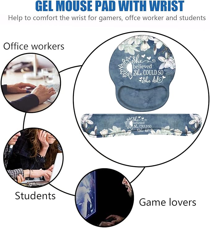 Keyboard Wrist Rest and Mouse Pad Wrist Support Set with Coasters, Inspirational Quote She Believed She Could So She Did Wrist Support Mouse Pad with Non-Slip PU Base for Computer Laptop Home Office