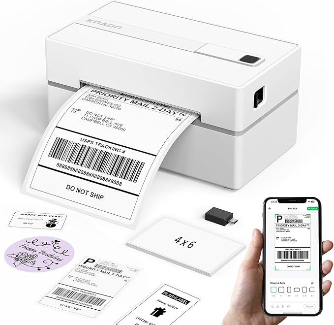 Bluetooth Thermal Shipping Label Printer, 4x6 Portable Thermal Address Label Printer for Small Business, Compatible with iPhone,Android,Windows,Mac–Works with Ebay Shopify USPS&More, White