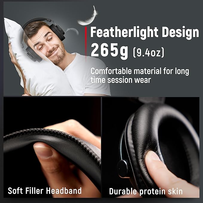 FIFINE Studio Monitor Headphones for Recording, Wired Headphones with 50mm Driver, Over Ear Headset with Detachable Cables 3.5mm or 6.35mm Jack, Black, on PC/Mixer/Amplifier-H8