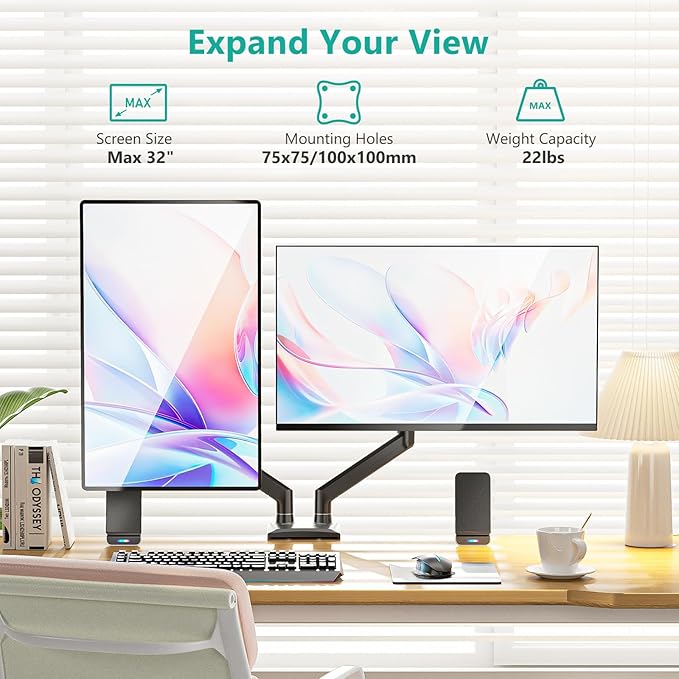 WALI Dual Monitor Stand for 17-32 inch Computer Screens, Dual Monitor Arms for 2 Monitors Holds up to 22 lbs, Height Adjustable Gas Spring Dual Monitors Mount, VESA 75x75/100x100mm (GSMP002N), Black