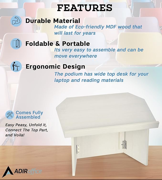 AdirOffice Tabletop Podium, Folding Podium Ideal as a Tabletop Lectern, White