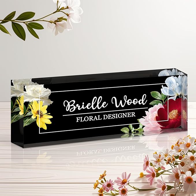 Personalized Name Plate for Desk, Custom Acrylic Desk Name Sign, Office Appreciation Gifts for Women Men Coworkers Boss Teacher Employee (Flower)