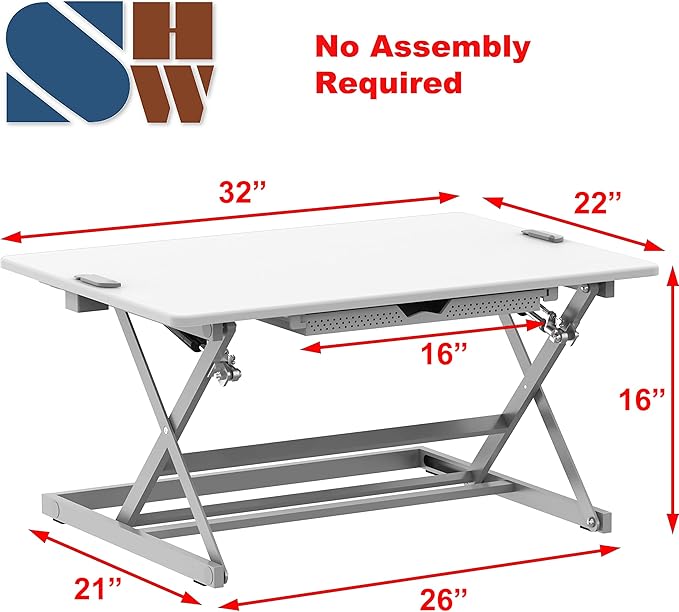 SHW 32-Inch Height Adjustable Standing Desk Converter Riser Workstation with Drawer, White