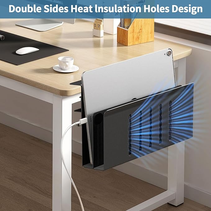 2 Tier Desk side storage, Desk Laptop Holder with Magnetic Pen Holder, No Drill Hanging Table Organizer for Office and Home Fits Flat Edge 0.3" to 2.3"