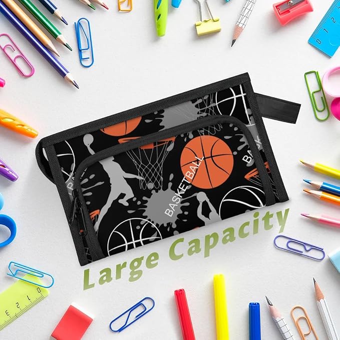Pardick Large Capacity Pencil Case Pouch, Basketballs Portable Zipper Pencil Cases Pencil Bag Office Stationery Bag Makeup Bag Desk Organizer for Women Men