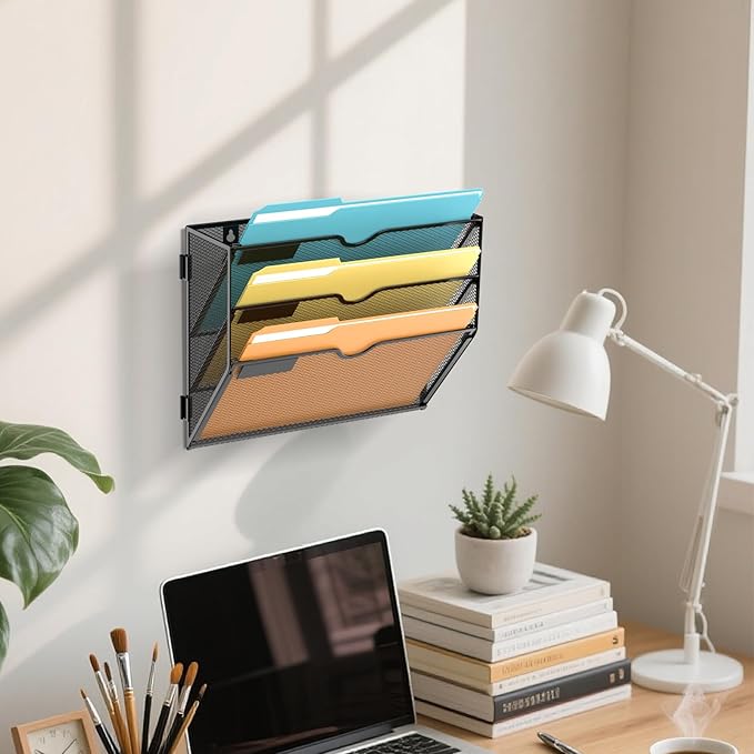 SUPEASY Wall File Organizer Mesh Office Mail Holder, Hanging Wall Organizer Magazine Rack for Office Black (3Tier)