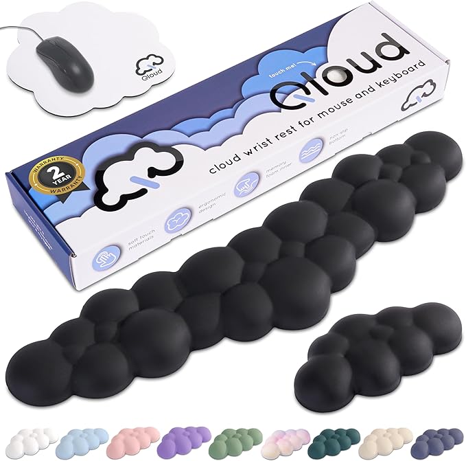 Qloud Cloud Wrist Rest Keyboard Wrist Rest for Computer Keyboard Pad, Cloud Keyboard Wrist Rest, Wrist Pad for Keyboard, Memory Foam, Non Slip Base, Comes with Mouse Pad - Matte Black