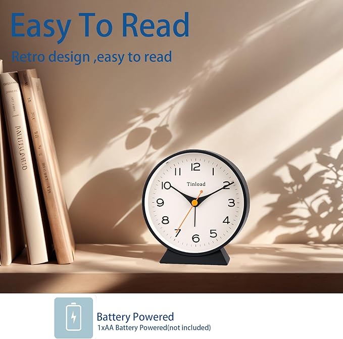 4.5" Battery Operated Retro Analog Alarm Clock, Small Silent Bedside Desk Clock,Lighted on Demand, Battery Operated, Snooze, for Living Room, Bedroom, Bedside, Desk(Black)
