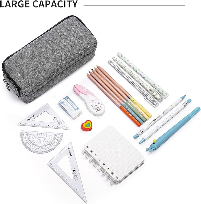 Della Gao Big Capacity Pencil Pen Case Nylon Large Pencil Pouch Simple Stationery Bag Office Organizer Pen Bag for Men Women - Grey