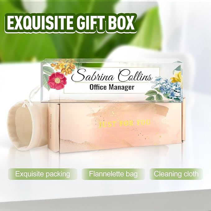 Name Plate for Desk, Desk Name Plate Personalized, Blue Office Decor for Women Men, Acrylic Desktop Accessories, Office Gifts for Boss Nurse Teacher Coworker, Employee Appreciation Gift (Flowers B)