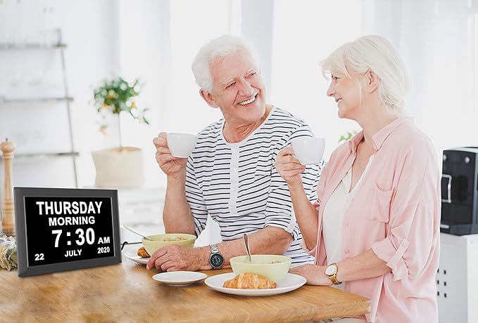 7.85 Inch Dementia Clock for Seniors - Extra Large Display Digital Wall Clock with Day & Date, 12 Custom Alarms - High Contrast for Low Vision, Memory Care (Black)